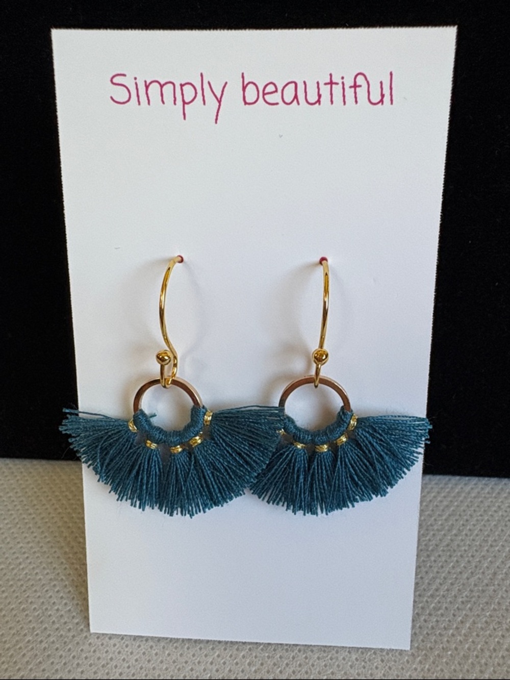 Simply Beautiful Teal Fan Tassel Hoop Earrings 18k gold plated Nickel Free